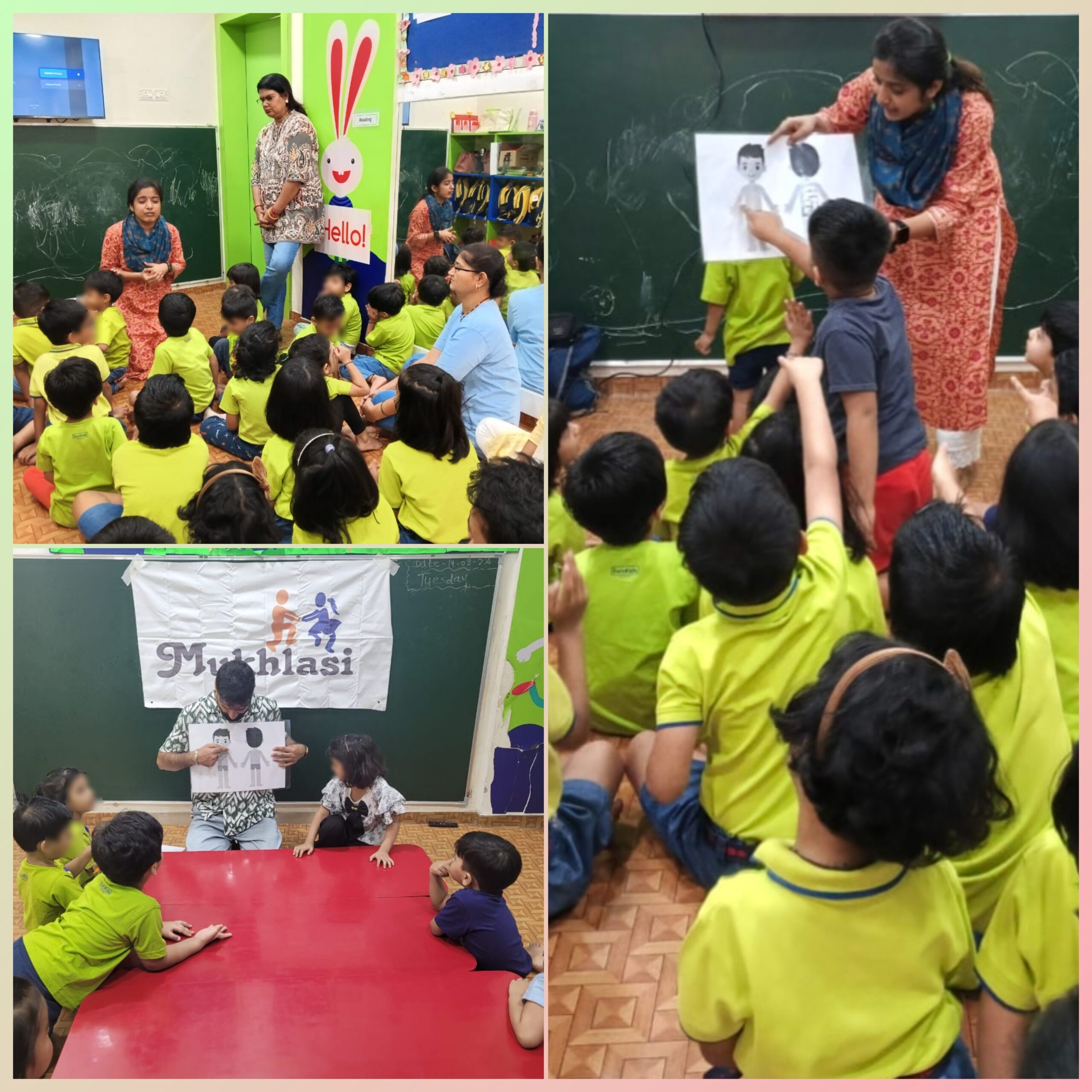 A collage of pictures showing children in a classroom in Eurokids preschool. where the trainer is teaching children from the body outline the Private Body parts location.